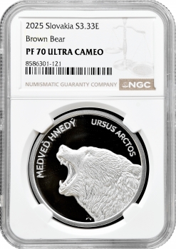 Словаччина 3.33 євро 2025 р., NGC PF70 UC, "Фауна та флора Словаччини - Бурий ведмідь"