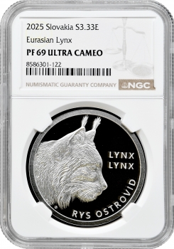 Словаччина 3.33 євро 2025 р., NGC PF69 UC, "Фауна та флора Словаччини - Євразійська рись"