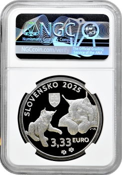 Словаччина 3.33 євро 2025 р., NGC PF69 UC, "Фауна та флора Словаччини - Євразійська рись"