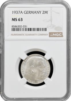 Німеччина - Третій рейх 2 рейхсмарки 1937 A, NGC MS63, "Нацистська Німеччина (1933 - 1945)"