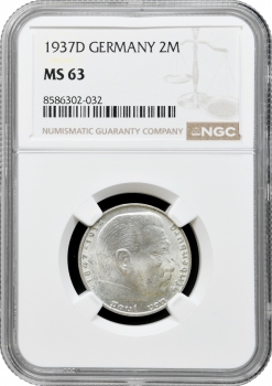 Німеччина - Третій рейх 2 рейхсмарки 1937 р. D, NGC MS63, "Нацистська Німеччина (1933 - 1945)"