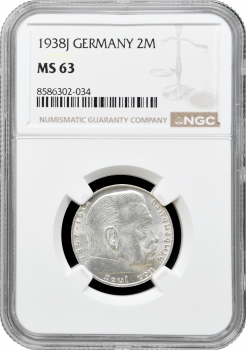 Німеччина - Третій рейх 2 рейхсмарки 1938 J, NGC MS63, "Нацистська Німеччина (1933 - 1945)"