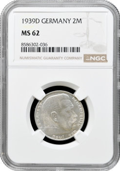 Німеччина - Третій рейх 2 рейхсмарки 1939 р. D, NGC MS62, "Нацистська Німеччина (1933 - 1945)"