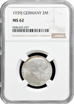 Німеччина - Третій рейх 2 рейхсмарки 1939 J, NGC MS62, "Нацистська Німеччина (1933 - 1945)"
