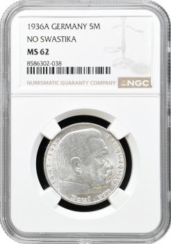 Німеччина - Третій Рейх 5 рейхсмарок 1936 A, NGC MS62, "Нацистська Німеччина (1933 - 1945)"