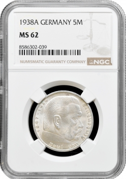 Німеччина - Третій Рейх 5 рейхсмарок 1938 A, NGC MS62, "Нацистська Німеччина (1933 - 1945)"
