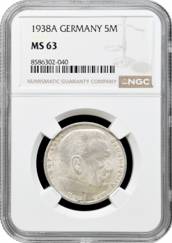 Німеччина - Третій Рейх 5 рейхсмарок 1938 A, NGC MS63, "Нацистська Німеччина (1933 - 1945)"