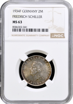 Германия - Третий рейх 2 рейхсмарки 1934 г. F, NGC MS63, "175 лет со дня рождения Ф. Шиллера"