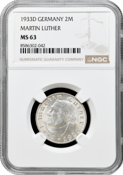 Німеччина - Третій рейх 2 рейхсмарки 1933 р. D, NGC MS63, "450 років від дня народження Мартіна Лютера"