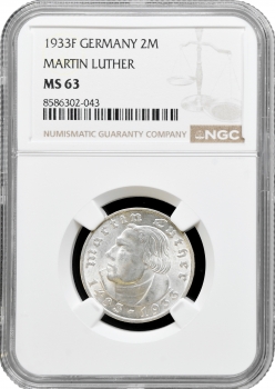 Німеччина - Третій рейх 2 рейхсмарки 1933 F, NGC MS63, "450 років з дня народження М. Лютера"