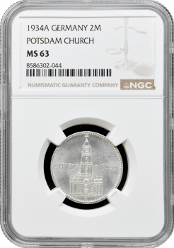 Німеччина - Третій рейх 2 рейхсмарки 1934 р. A, NGC MS63, "Гарнізонна церква в Потсдамі"