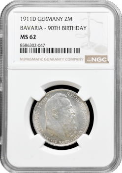 Баварія 2 марки 1911 р. D, NGC MS62, "90 років від дня народження Луїтпольда Баварського"