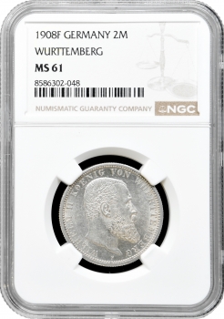 Вюртемберг 2 марки 1908 F, NGC MS61, "Король Вільгельм II (1891 - 1918)"