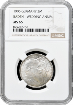 Баден 2 марки 1906 р., NGC MS65, "50 років весіллі Фрідріха I та Луїзи Прусської"