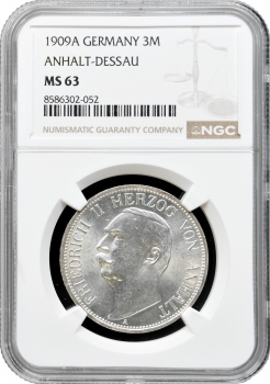 Ангальт-Дессау 3 марки 1909 A, NGC MS63, "Герцог Фрідріх II (1904 - 1918)"