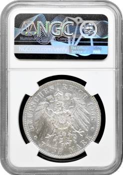 Вюртемберг 5 марок 1908 F, NGC MS61, "Король Вільгельм II (1891 - 1918)"