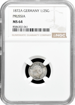 Пруссія 1/2 гроша 1872 A, NGC MS64, "Імператор Вільгельм I (1861 - 1888)"