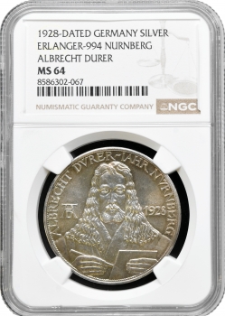 Веймарська Республіка Медаль 1928 р., NGC MS64, "400 років від дня смерті Альбрехта Дюрера"