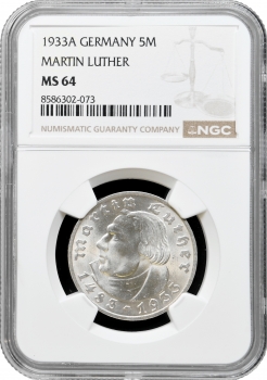 Німеччина - Третій рейх 5 рейхсмарок 1933 р. A, NGC MS64, "450 років від дня народження М. Лютера"