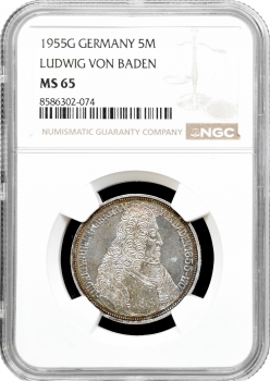 Німеччина - ФРН 5 марок 1955 р. G, NGC MS65, "300 років від дня народження Людвіга фон Бадена"
