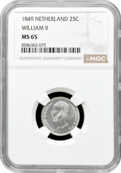Нідерланди 25 центів 1849, NGC MS63, "Король Віллем II (1840 - 1849)" Pop 2/1