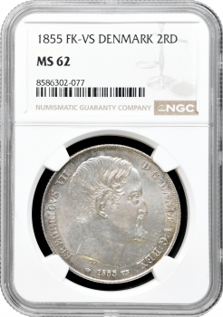 Данія 2 ригсдалера 1855 VS, NGC MS62, "Король Фредерік VII (1848 - 1863)"