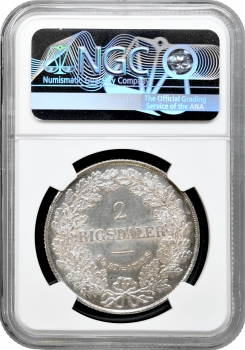 Данія 2 ригсдалера 1855 VS, NGC MS62, "Король Фредерік VII (1848 - 1863)"