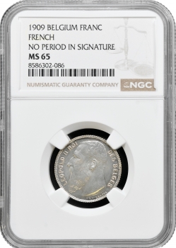 Бельгія 1 франк 1909 French, NGC MS65, "Король Леопольд II (1865 - 1909)"
