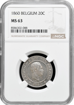 Бельгія 20 сантимів 1860, NGC MS63, "Король Леопольд I (1832 - 1865)" РІДКА ДАТА БЕЗ КРАПКИ
