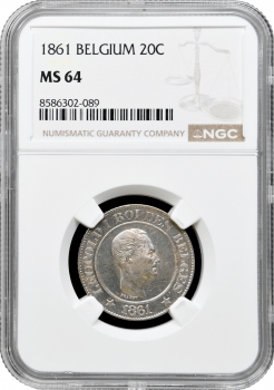 Бельгія 20 сантимів 1861, NGC MS64, "Король Леопольд I (1832 - 1865)"