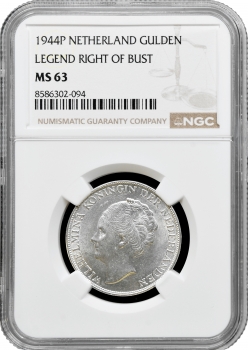 Нідерланди 1 гульден 1944 P, NGC MS63, "Королева Вільгельміна (1890 - 1948)"