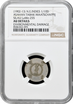 Голландська Ост-Індія 1/10 долара 1902-1913 р., NGC AU Det., "Silau Tabakmaaschappy"