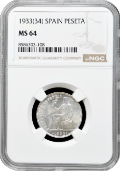 Іспанія 1 песета 1933 (34), NGC MS64, "Друга Республіка (1931 - 1939)"
