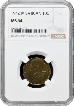 Ватикан 10 чентезімо 1942, NGC MS64, "Папа Пій XII (1939 - 1958)"