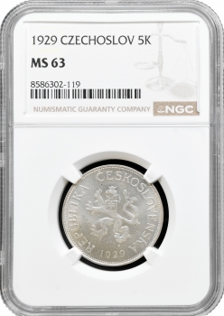 Чехословаччина 5 крон 1929, NGC MS63, "Перша Республіка (1919 - 1938)"