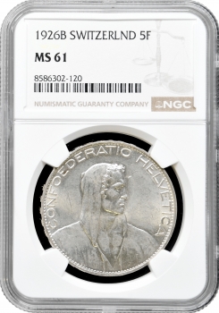 Швейцарія 5 франків 1926 B, NGC MS61, "Швейцарська Конфедерація (1917 - 1967)"
