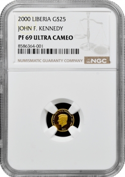 Ліберія 25 доларів 2000 р., NGC PF69 UC, "Джон Ф. Кеннеді" Top Pop золото