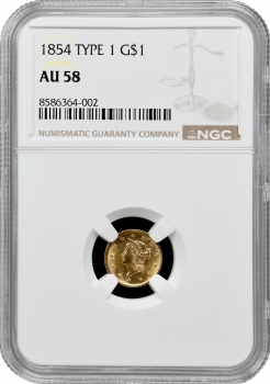 США 1 долар 1854 р., NGC AU58, "Liberty Head - Type 1" золото