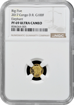 Республіка Конго 100 франків 2017 р., NGC PF69 UC, "Фауна Африки - Слон" Top Pop 1/0