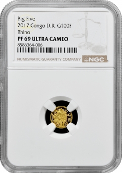Республіка Конго 100 франків 2017 р., NGC PF69 UC, "Фауна Африки - Носоріг" Top Pop 1/0