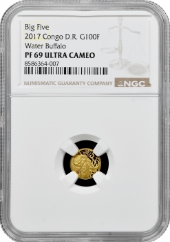 Республіка Конго 100 франків 2017 р., NGC PF69 UC, "Фауна Африки - Водяний буйвол" Top Pop 1/0