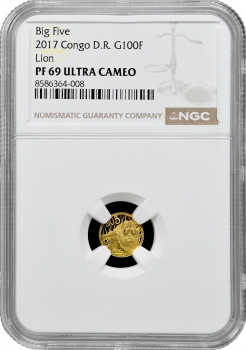 Республіка Конго 100 франків 2017 р., NGC PF69 UC, "Фауна Африки - Лев" Top Pop 1/0