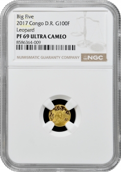 Республіка Конго 100 франків 2017 р., NGC PF69 UC, "Фауна Африки - Леопард" Top Pop 1/0