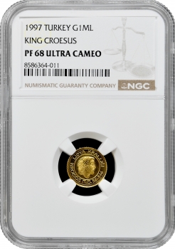 Туреччина 1.000.000 лір 1997 р., NGC PF68 UC, "Крез, цар Лідії" золото