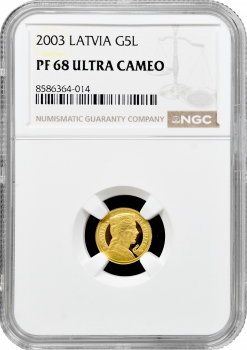 Латвія 5 латів 2003 р., NGC PF68 UC, "10 років новому лату" золото