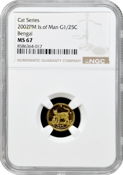 Острів Мен 1/25 крони 2002 р. PM, NGC MS67, "Бенгальська кішка" золото