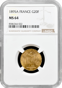 Франція 20 франків 1895 р. A, NGC MS64, "Третя Республіка (1870 - 1941)" золото