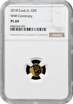 Острови Кука 5 доларів 2018 р., NGC PL69, "100 років закінчення Першої Світової війни" золото