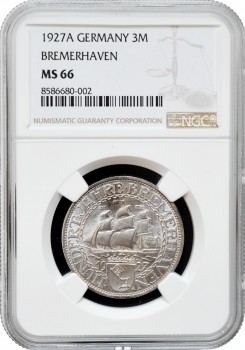 Веймарська Республіка 3 рейхсмарки 1927 р. A, NGC MS66, "100 років Бремерхафену"