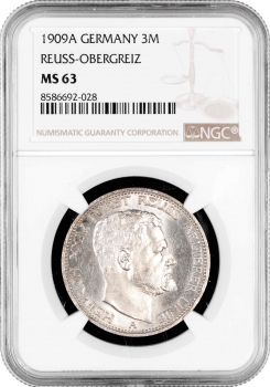 Ройсс-Грейц 3 марки 1909 A, NGC MS63, "Принц Генріх XXIV (1902 - 1918)"